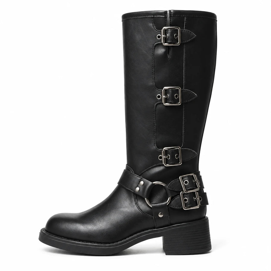 Black multi-buckle boot side profile and low block heel