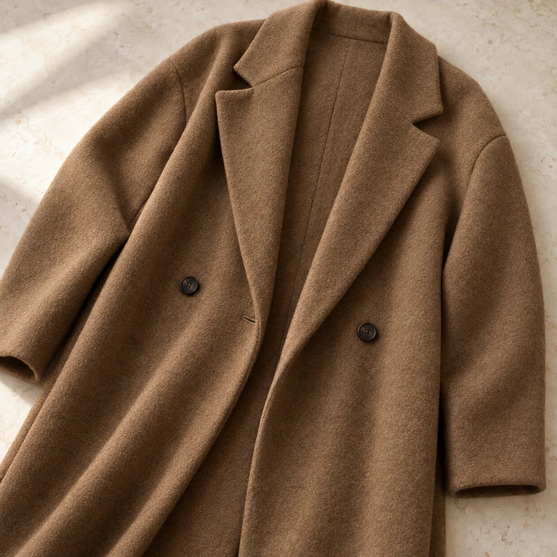 The Longline Textured Coat — Camel — garment detail