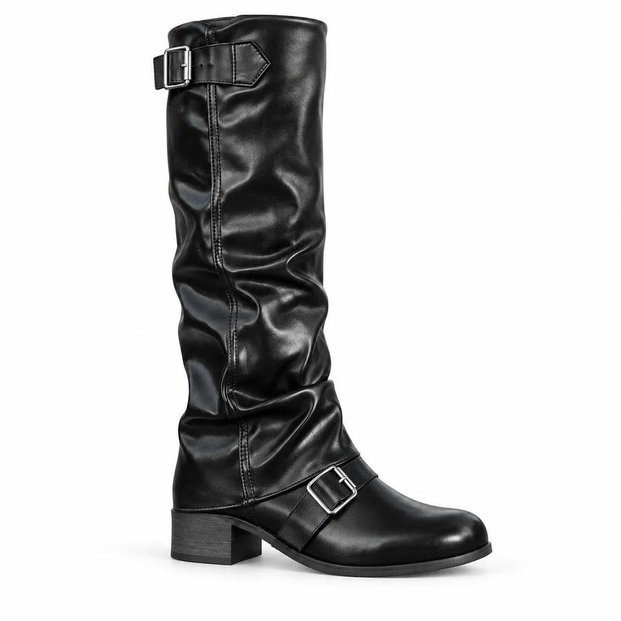 black-profile — knee-high slouch buckle boots