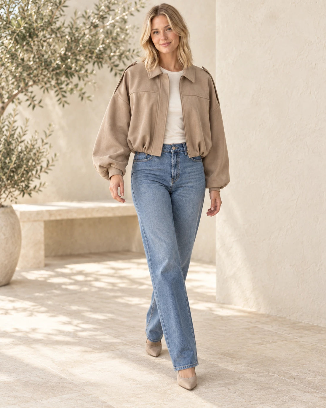 The Suede-Look Bomber — Beige — outfit inspiration