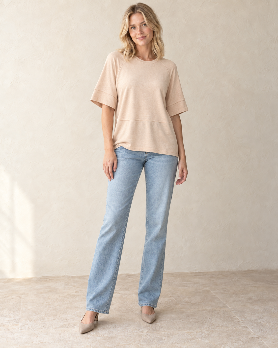 The Everyday Batwing Top — Oat front view