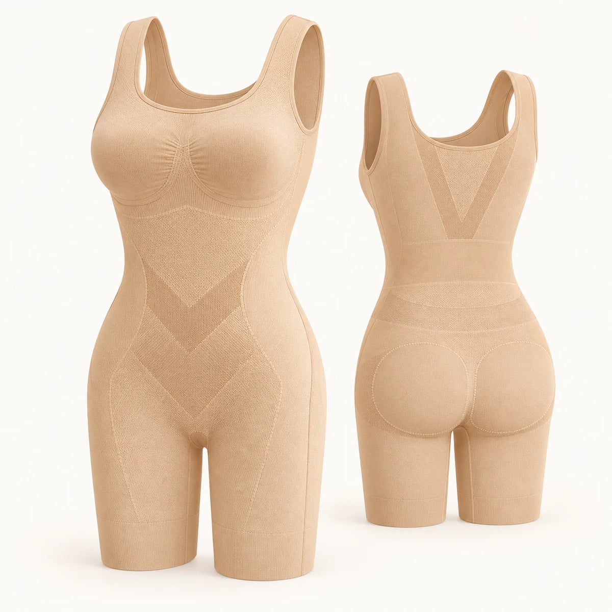 Estructura del body beige vista por delante y por detrás; ilustración del producto