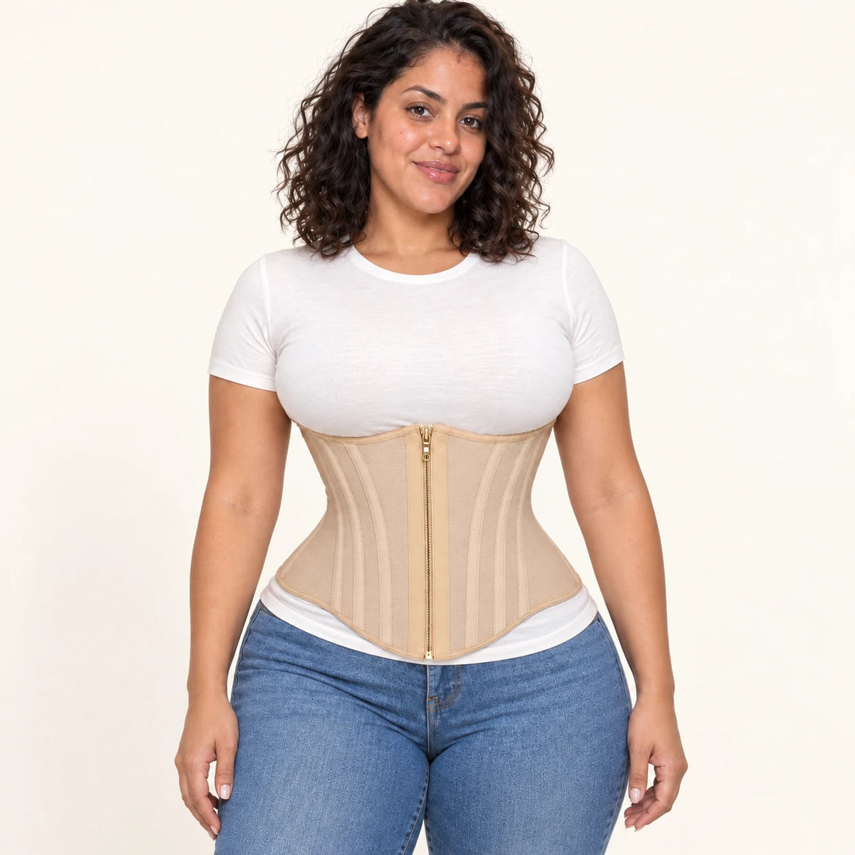 Beige waist cincher — generated styling image over ivory tee; clothing not included