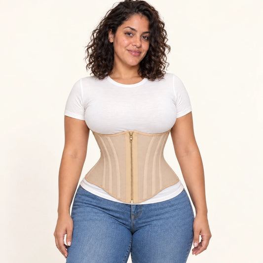 Beige waist cincher — generated styling image over ivory tee; clothing not included