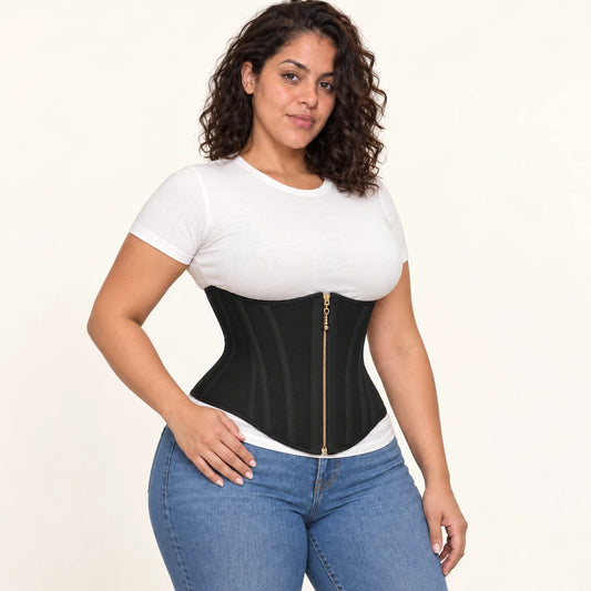 Black waist cincher — generated styling image over ivory tee; clothing not included
