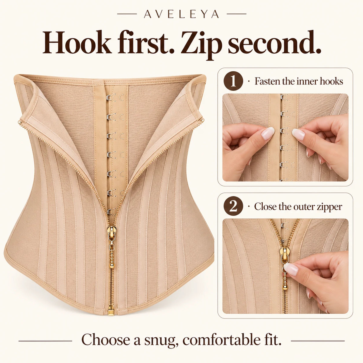 Illustrated fastening guide: inner hooks first, outer zipper second