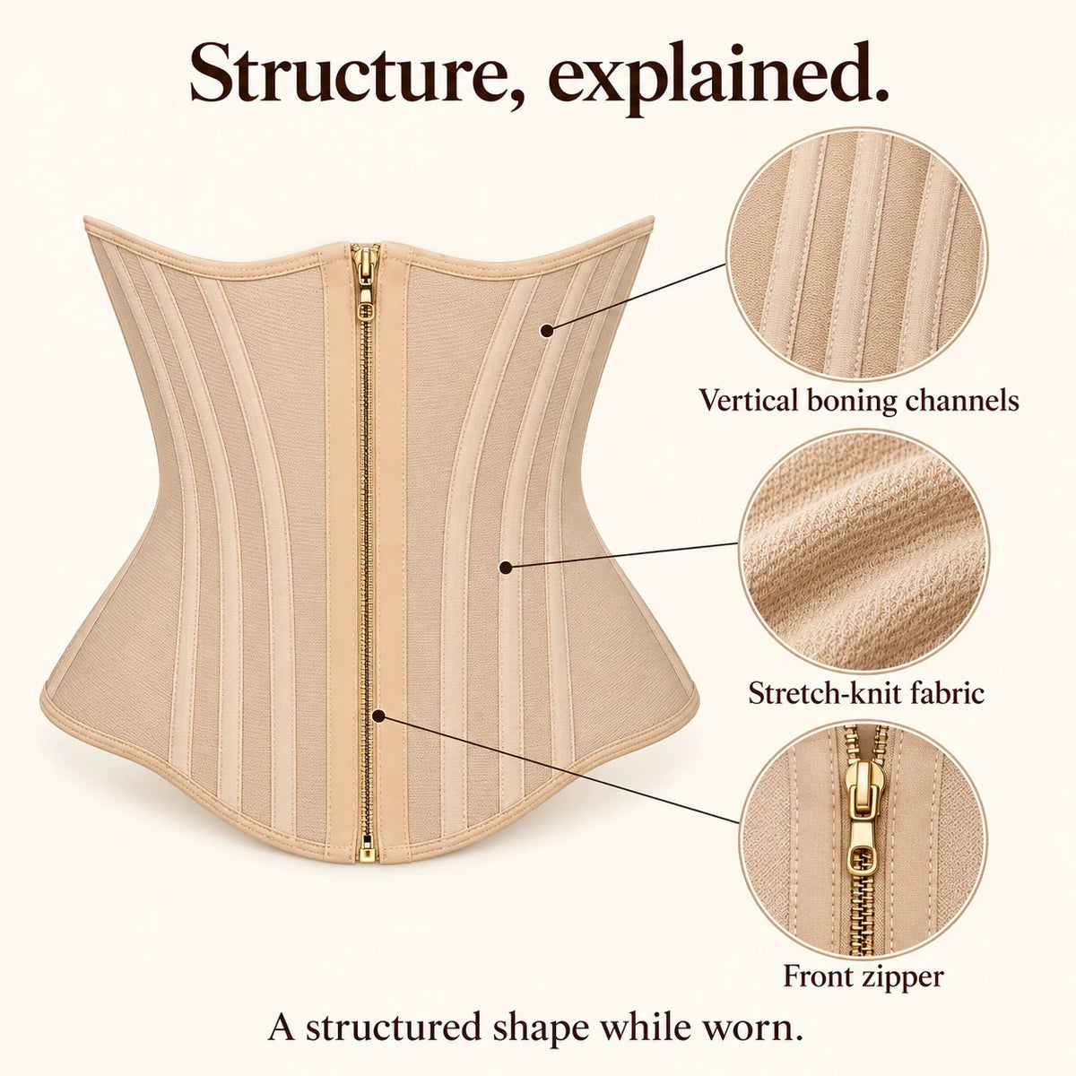 Illustrated cincher construction guide: boning channels, knit fabric and zipper