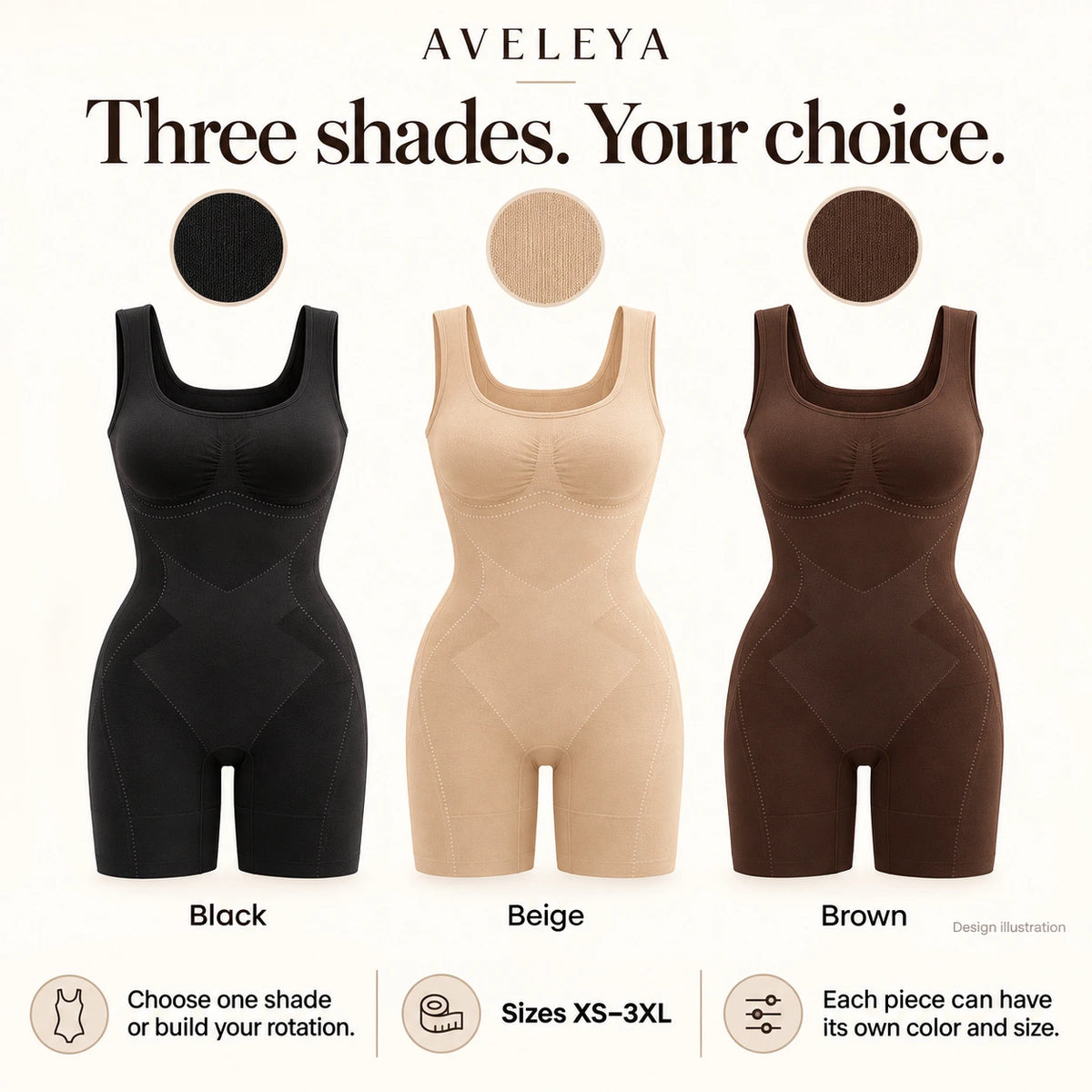 Black, Beige and Brown bodysuits, sizes XS–3XL, with separate color and size choices — design illustration