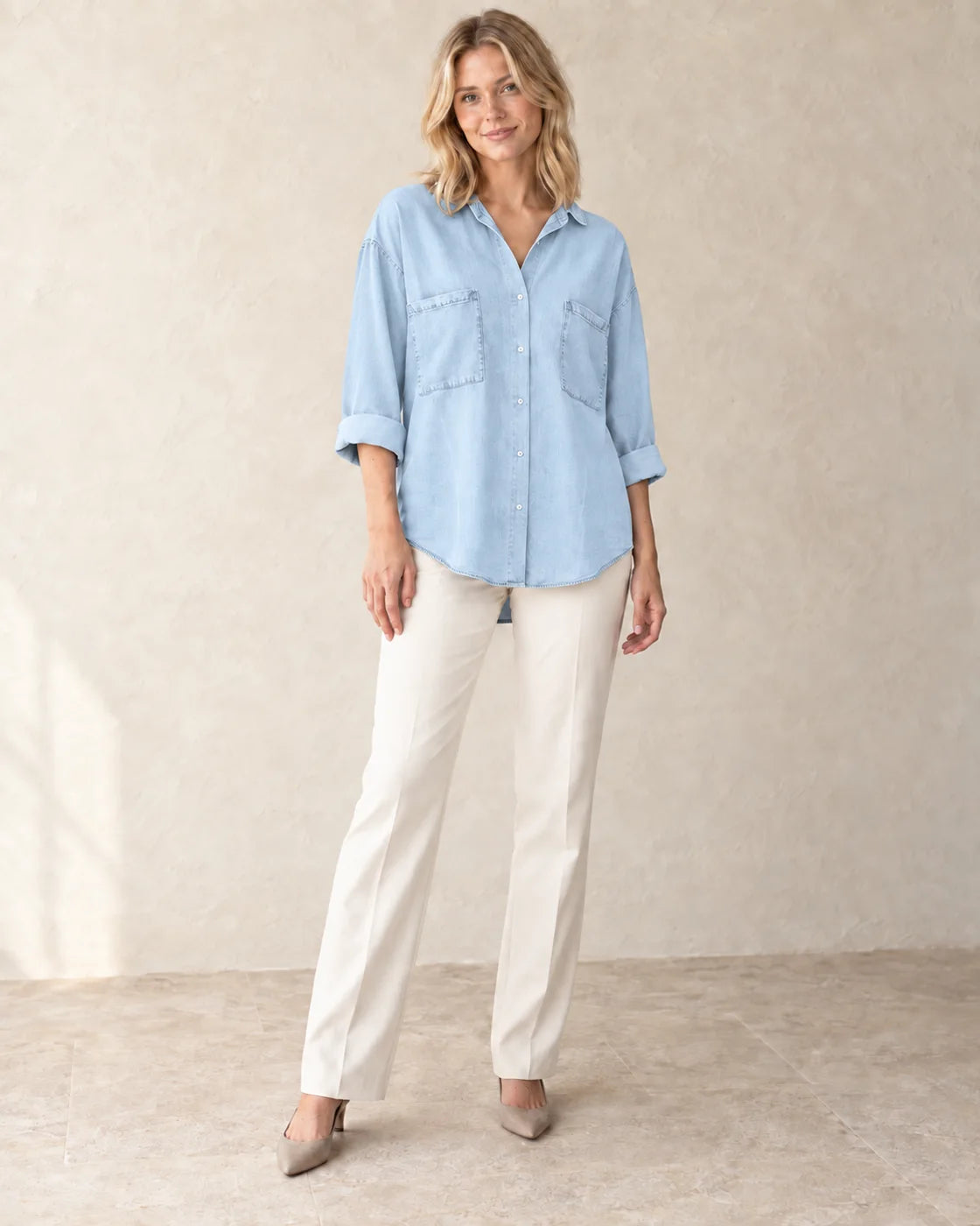 The Relaxed Denim Shirt — Light Blue front view