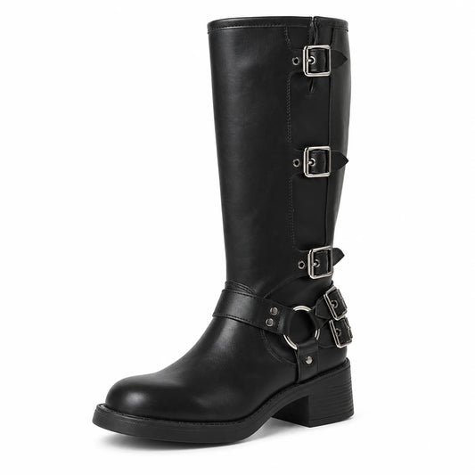 Black multi-buckle boot on plain white background
