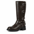 Brown multi-buckle boot on plain white background