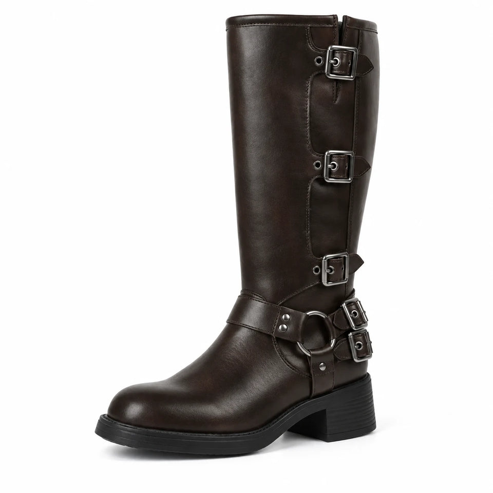 Brown multi-buckle boot on plain white background