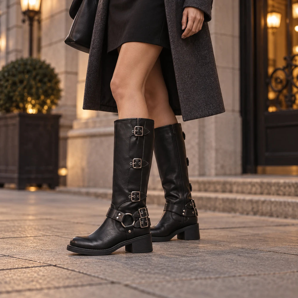 Black multi-buckle boots styled with a black dress and charcoal coat