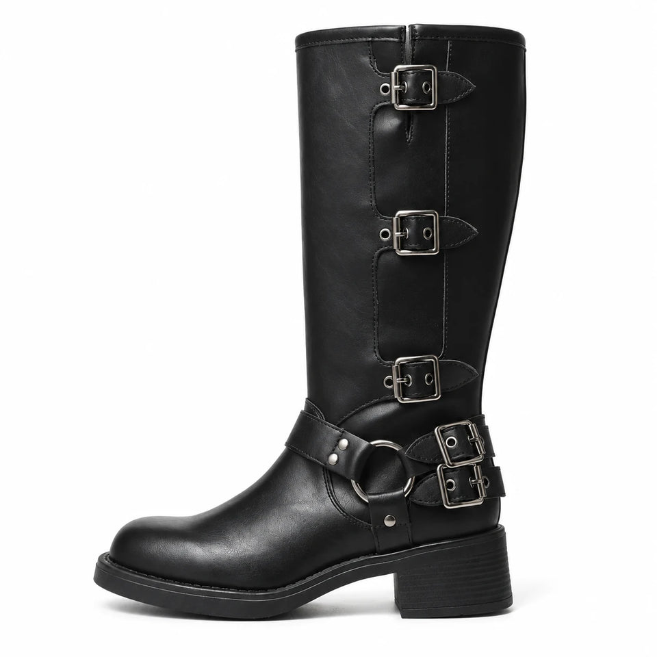 Black multi-buckle boot side profile and low block heel