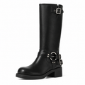 Black single-buckle boot with harness ring and double ankle straps on white background