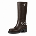 Dark Brown single-buckle boot with harness ring and double ankle straps on white background