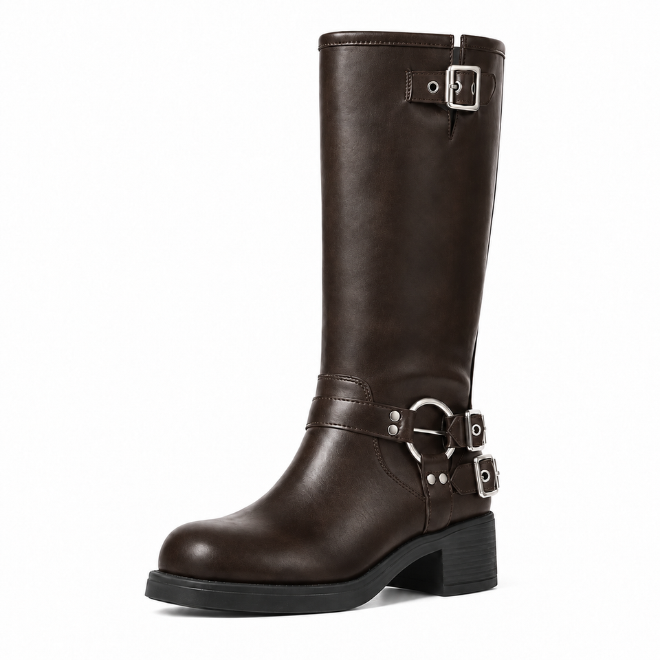 Dark Brown single-buckle boot with harness ring and double ankle straps on white background