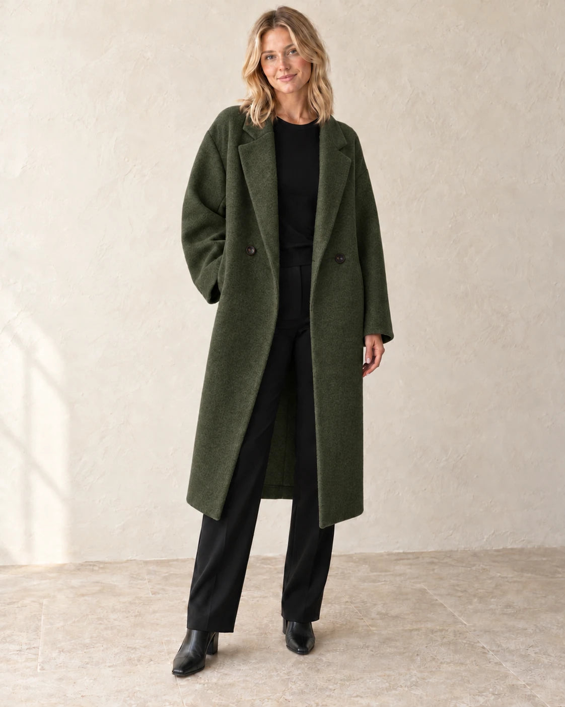 The Longline Textured Coat — Forest — studio view
