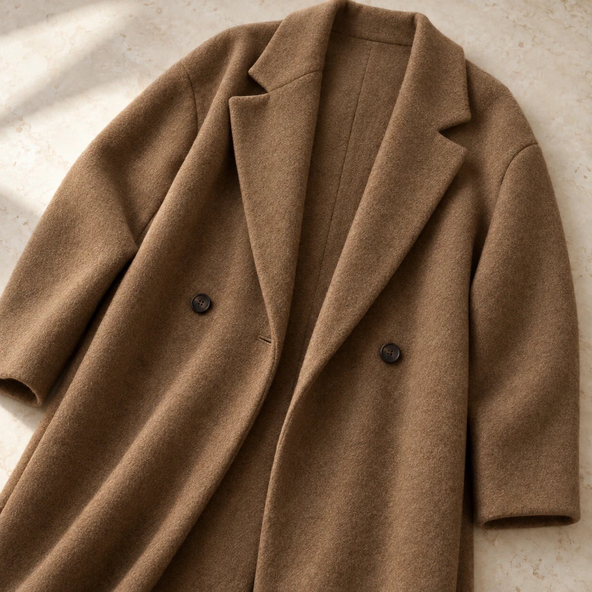 The Longline Textured Coat — Camel — garment detail