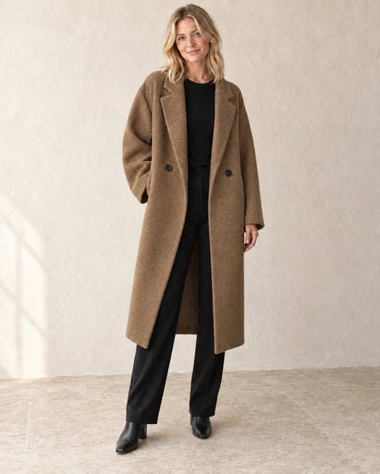 The Longline Textured Coat — Camel — studio view
