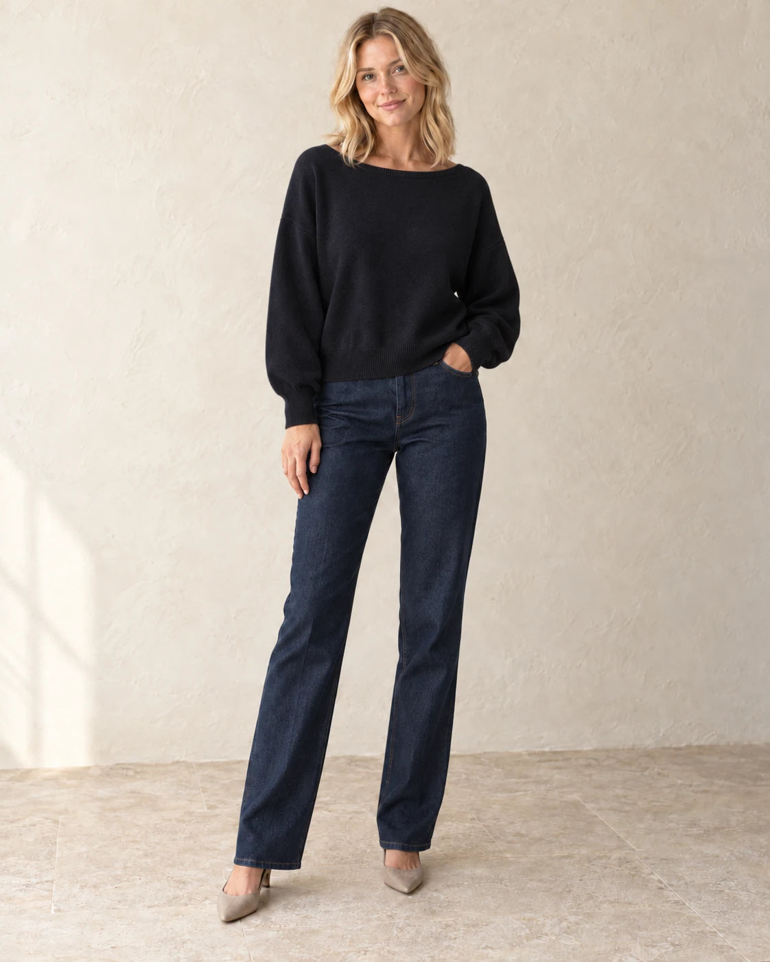 The Relaxed Boatneck Knit — Black — studio view