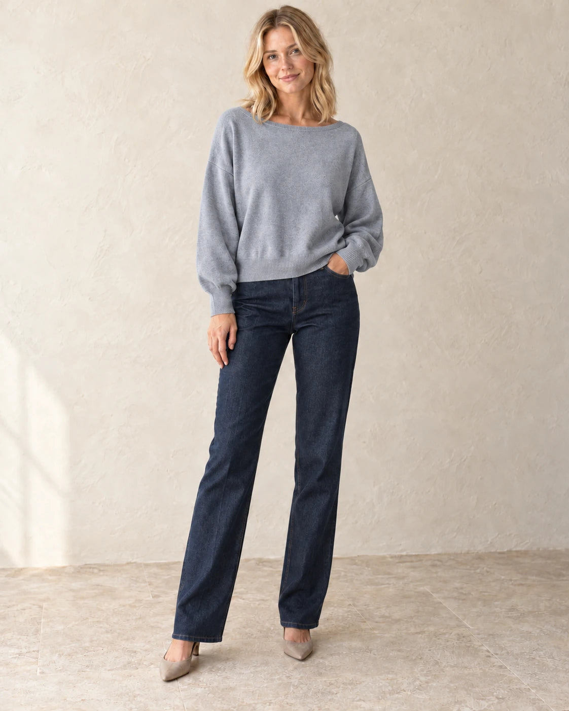 The Relaxed Boatneck Knit — Grey — studio view
