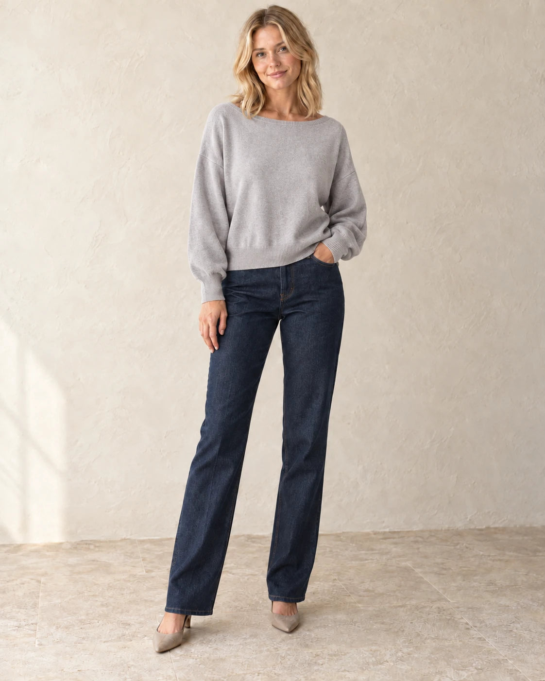 The Relaxed Boatneck Knit — Light Grey — studio view