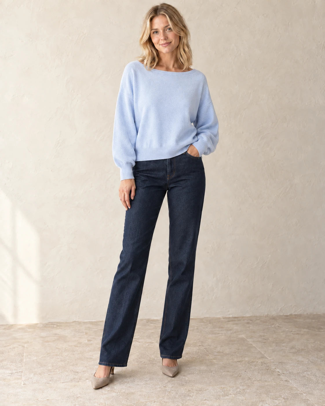 The Relaxed Boatneck Knit — Powder Blue — studio view