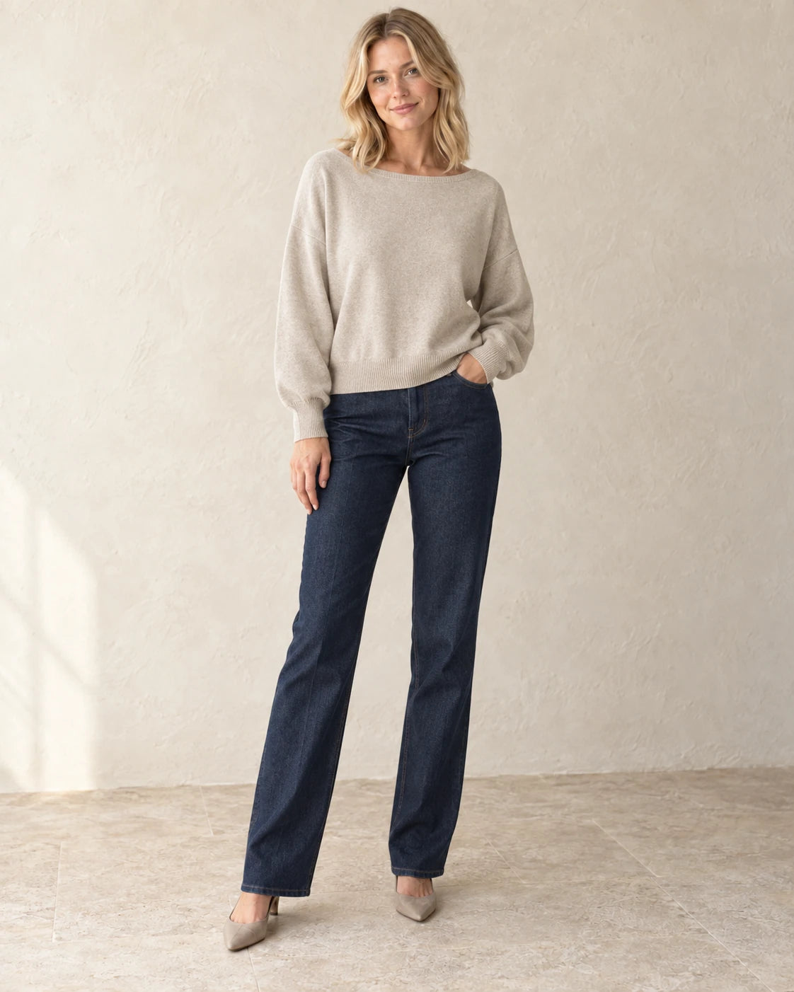 The Relaxed Boatneck Knit — Oatmeal — studio view