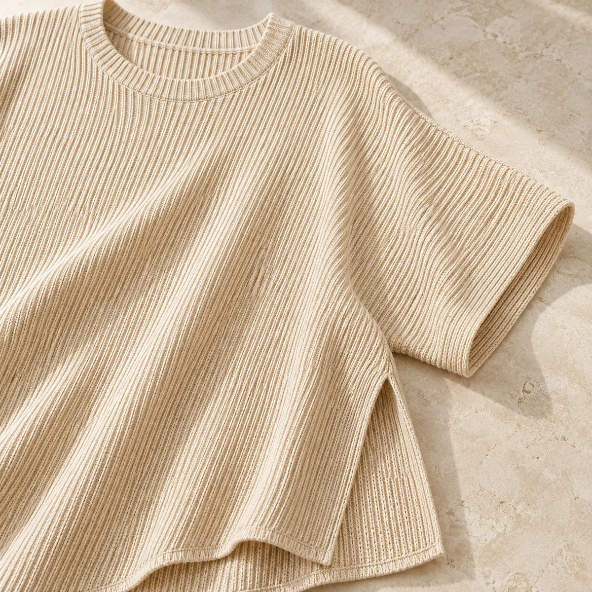 The Easy Rib-Knit Tunic — Oatmeal — garment detail