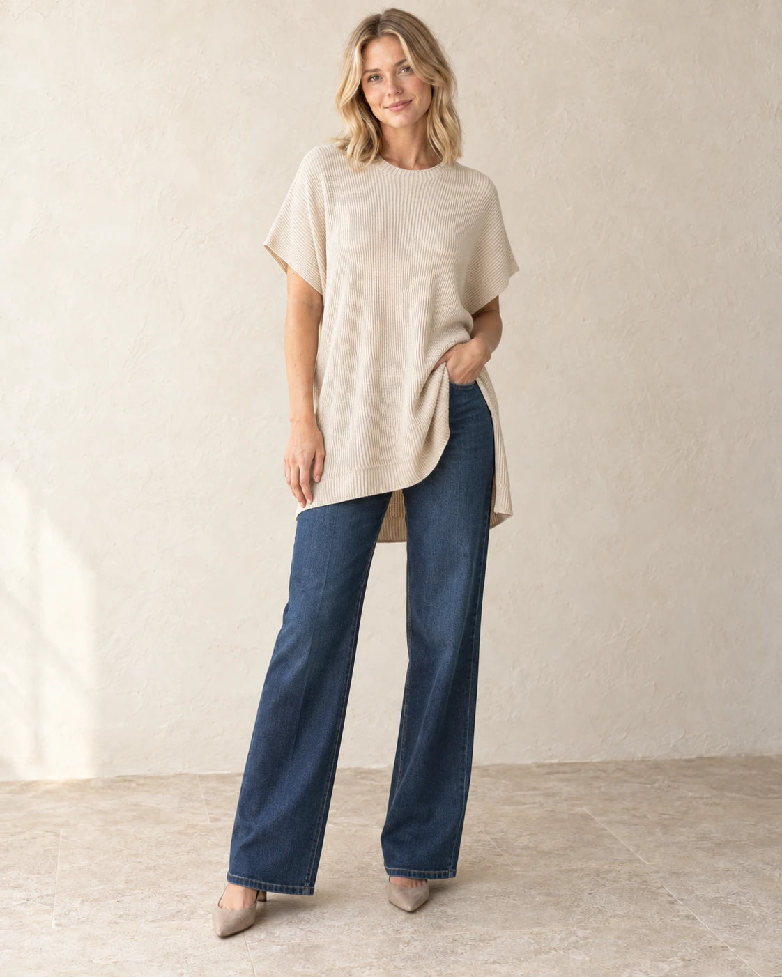 The Easy Rib-Knit Tunic — Oatmeal — studio view