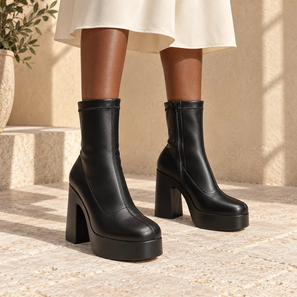 Black sculpted platform ankle boots — day styled