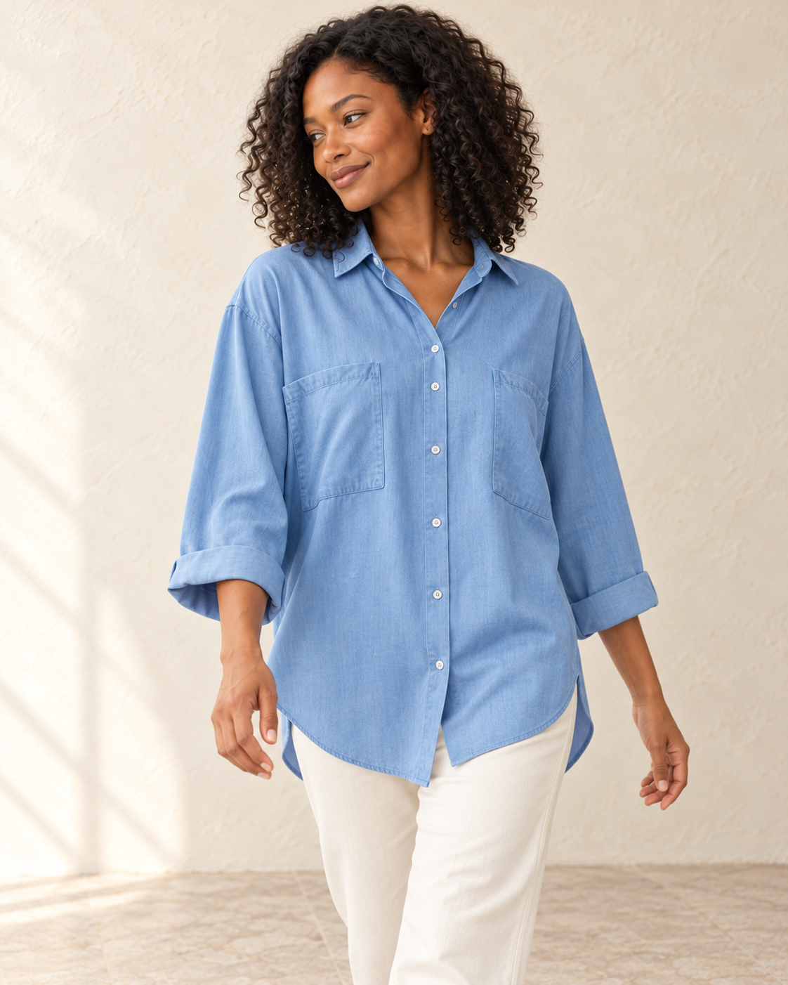 Aveleya relaxed lyocell denim shirt — movement view