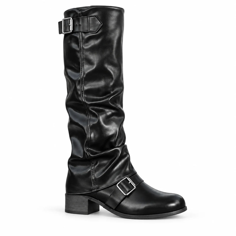 black-profile — knee-high slouch buckle boots