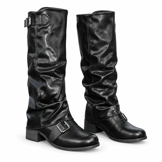 black — knee-high slouch buckle boots