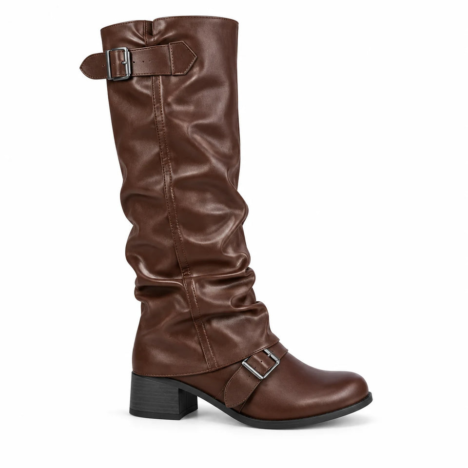 chocolate-profile — knee-high slouch buckle boots