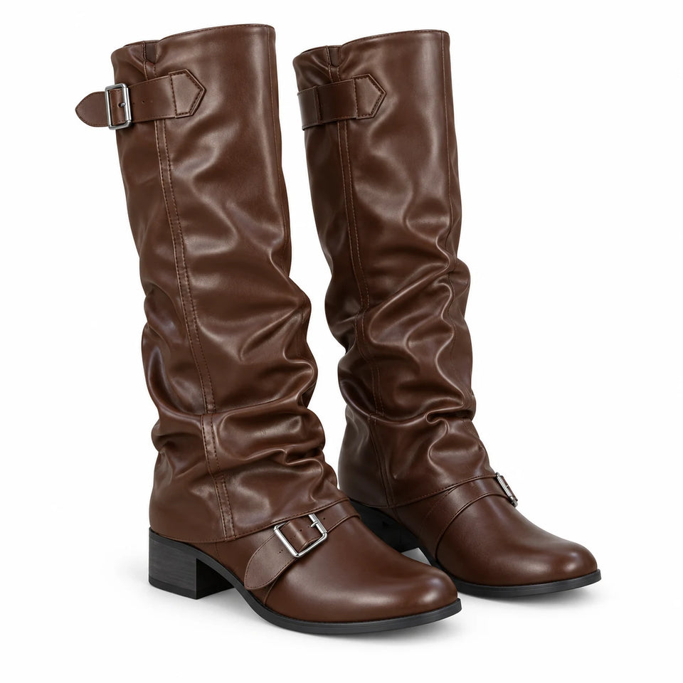 chocolate — knee-high slouch buckle boots