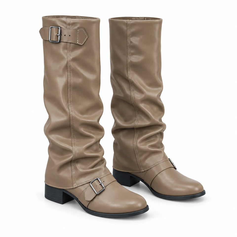 taupe — knee-high slouch buckle boots