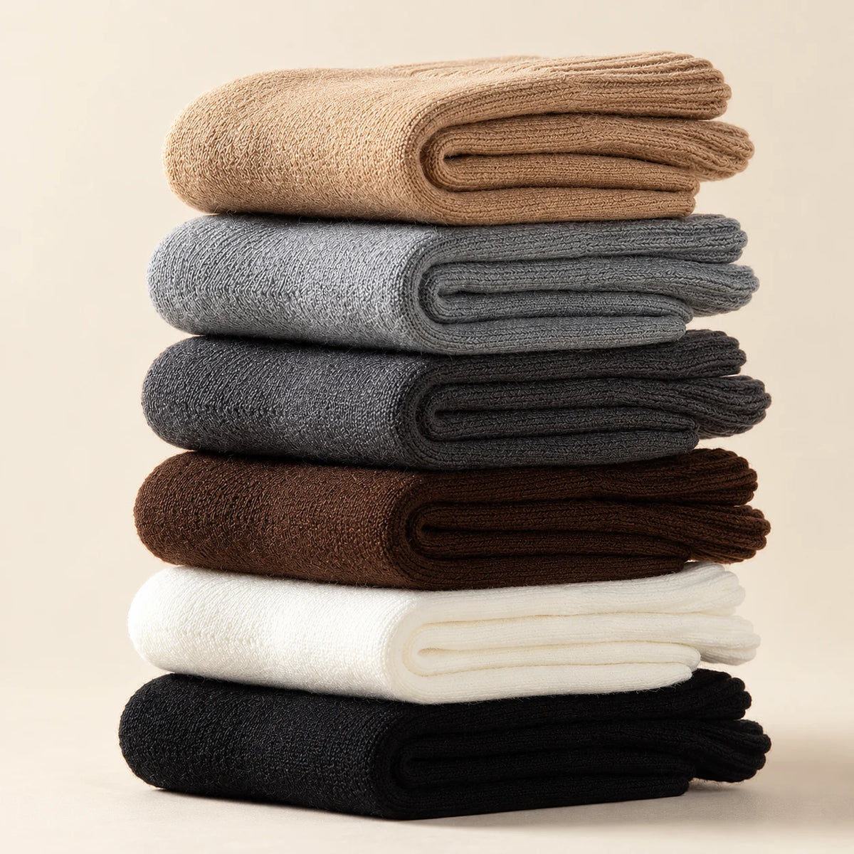 Six available colours of Aveleya brushed crew socks, folded