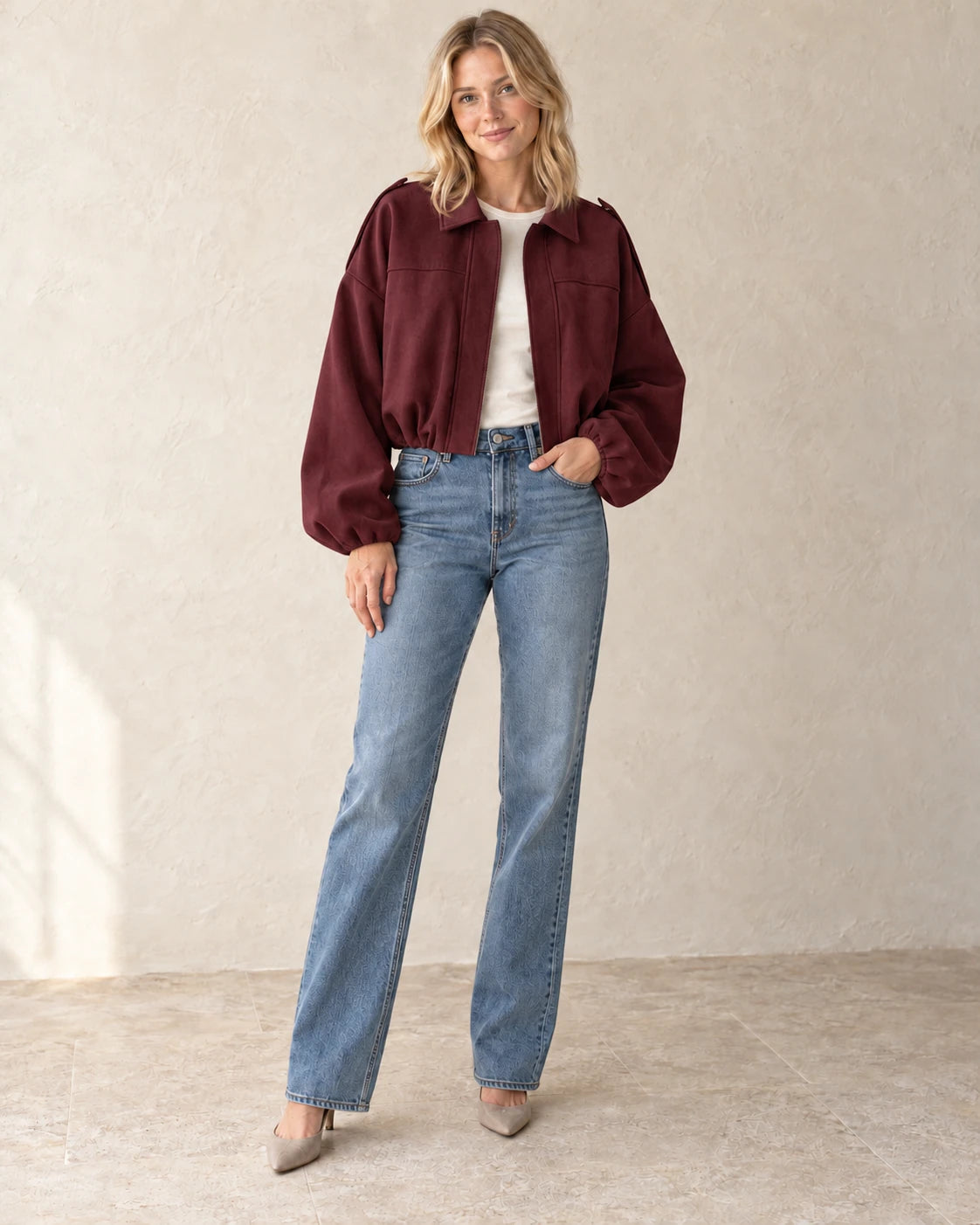 The Suede-Look Bomber — Burgundy — studio view