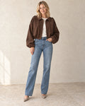 The Suede-Look Bomber — Chocolate — studio view