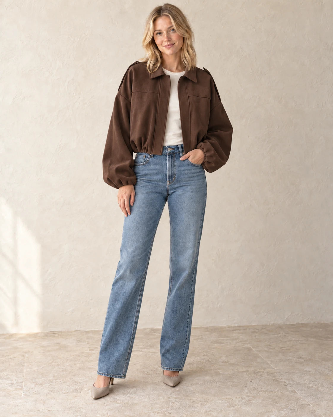 The Suede-Look Bomber — Chocolate — studio view