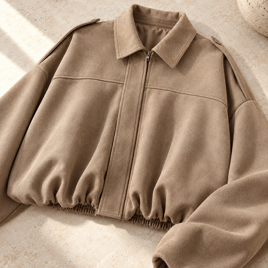 The Suede-Look Bomber — Beige — garment detail
