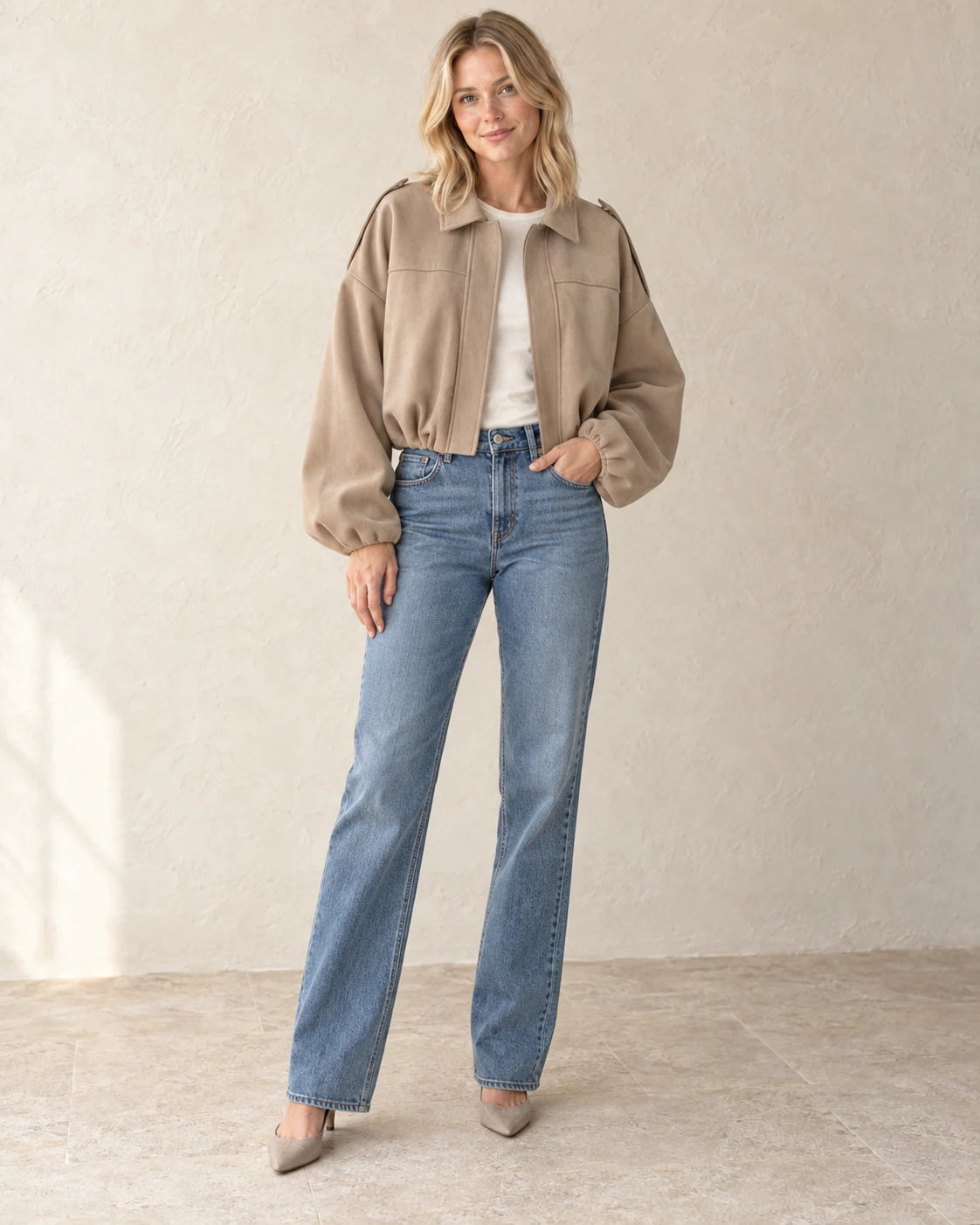 The Suede-Look Bomber — Beige — studio view