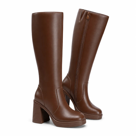 brown — knee-high platform boots