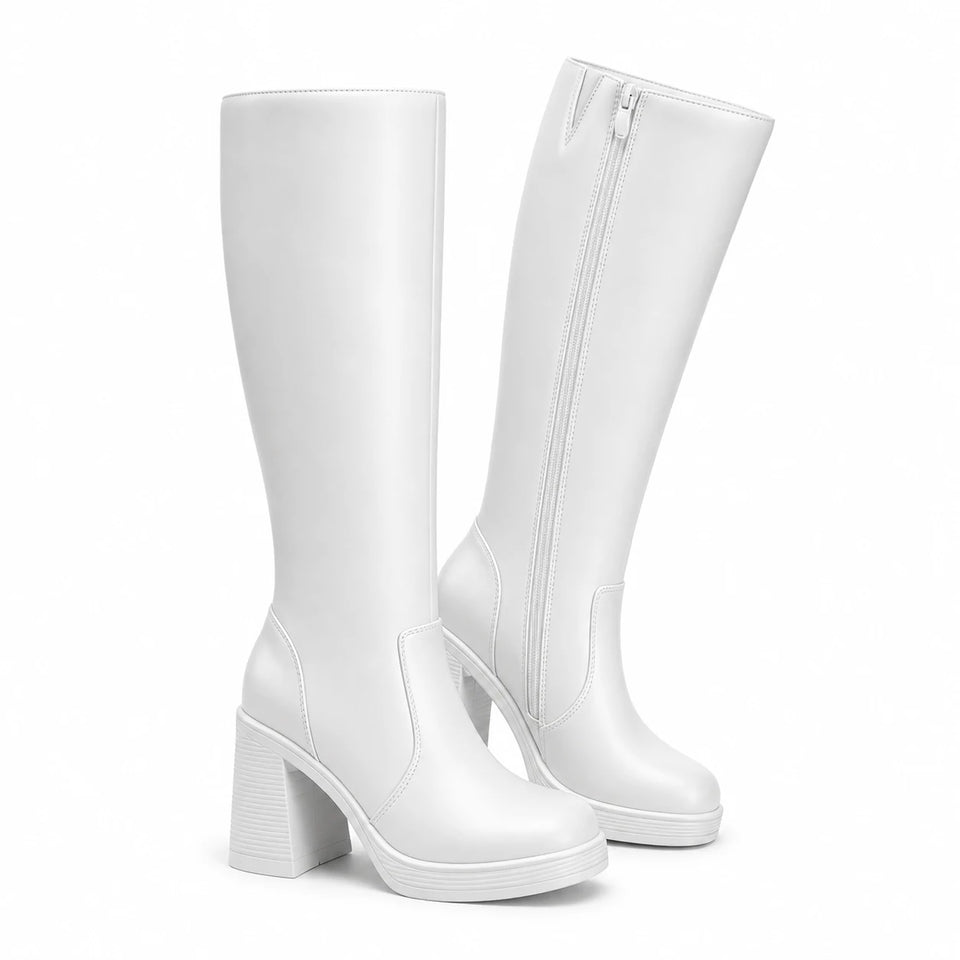 white — knee-high platform boots
