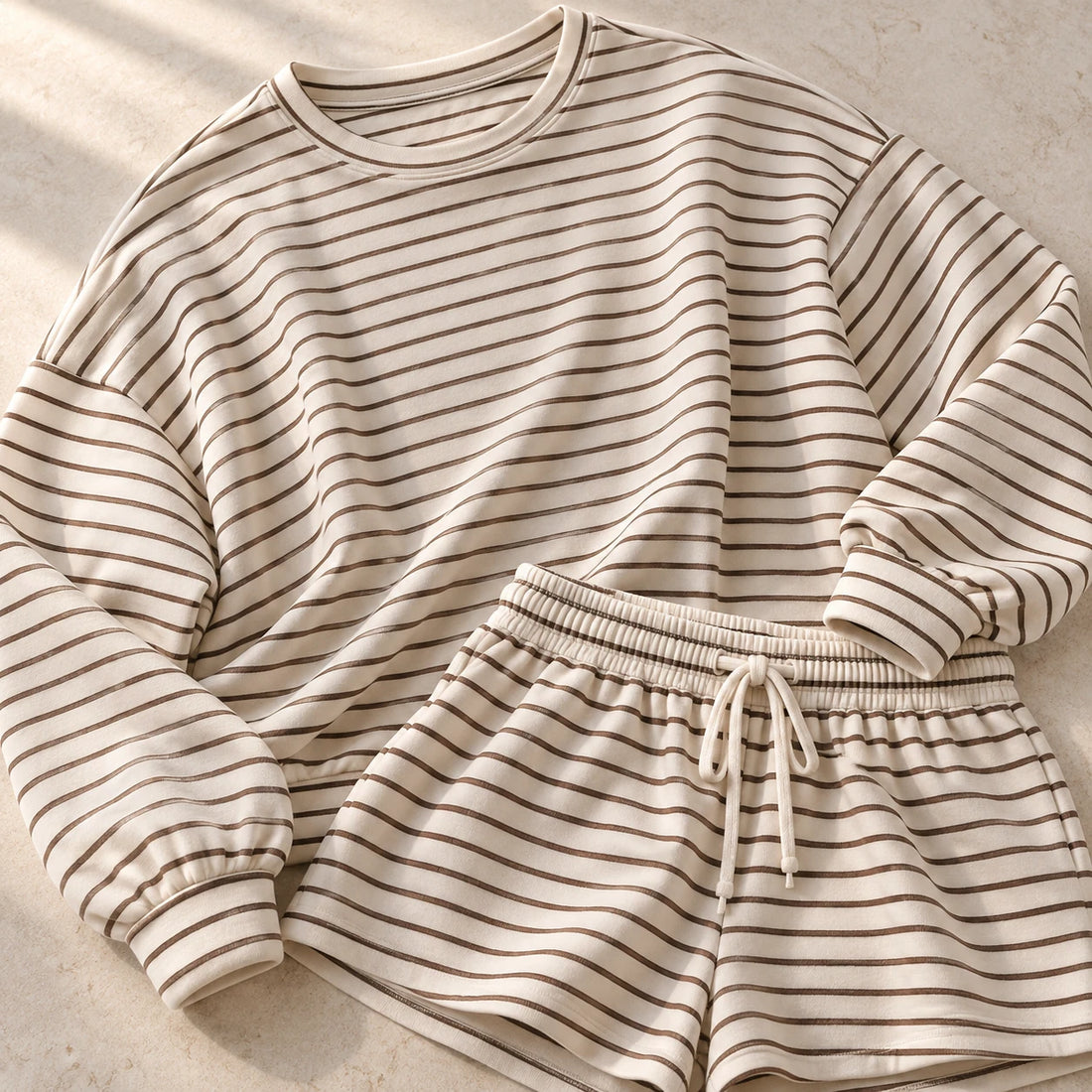 The Weekend Stripe Set — Cream Stripe — garment detail