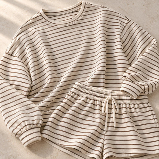 The Weekend Stripe Set — Cream Stripe — garment detail