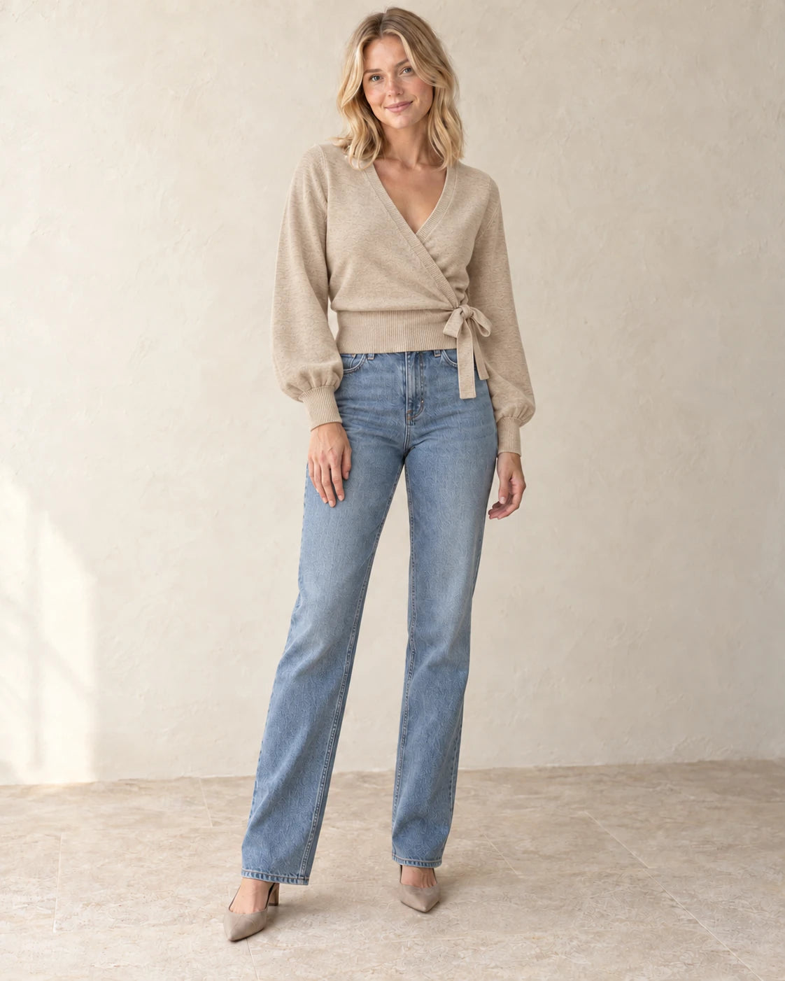 The Wrap-Tie Knit — Beige — studio view