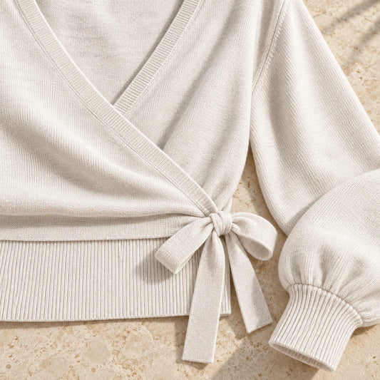 The Wrap-Tie Knit — Ivory — garment detail